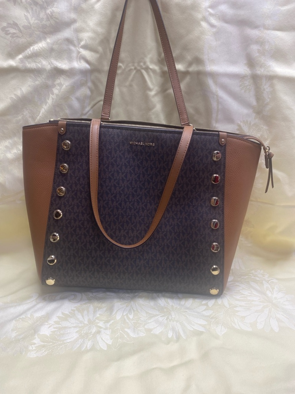 Michael Kors Dark Brown and Tan Logo Tote with Gold Studs
